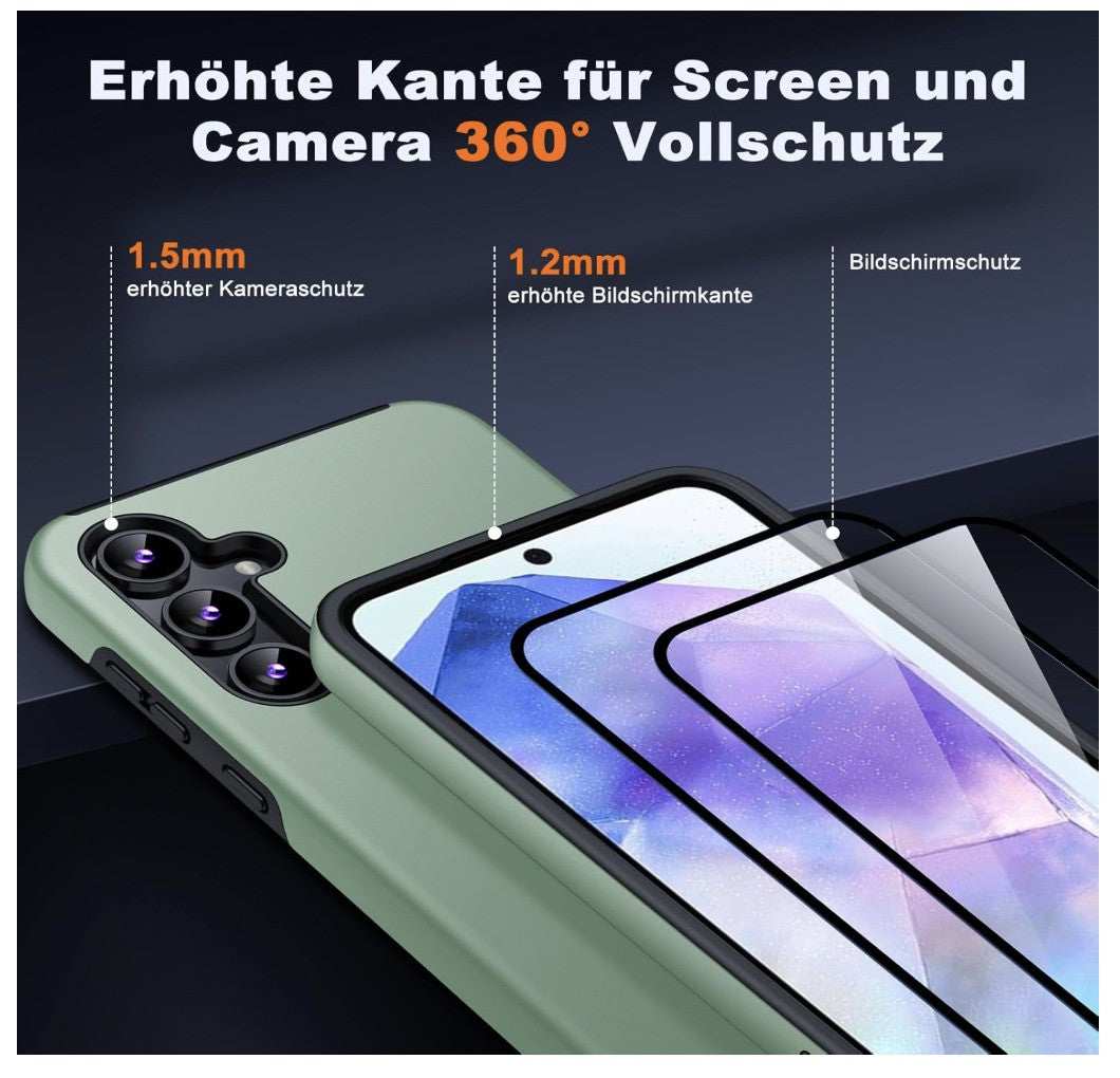 JAME – Galaxy A55 5G Hülle mit Panzerfolie, Stoßfest, Ring, Alpengrün, Kickstand