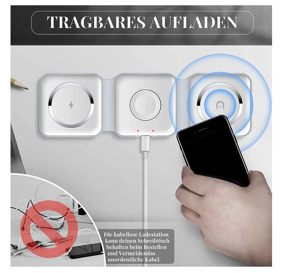 3-in-1 Kabellose Ladestation – Schwarz – Faltbar, Smartphone, Watch & Kopfhörer