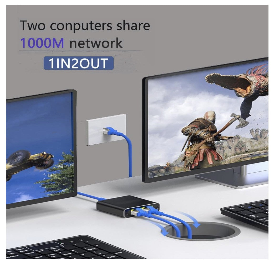 LAN Splitter 1 auf 2 – Gigabit Netzwerk Switch 2-Port mit USB-C Stromversorgung