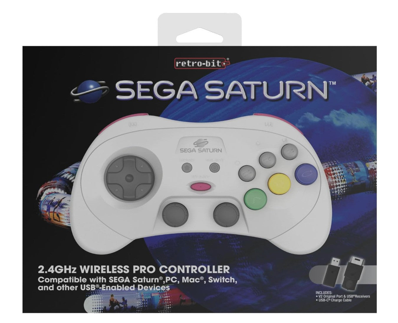 Retro-Bit – SEGA Saturn Pro Controller, kabellos, Switch kompatibel, Weiß