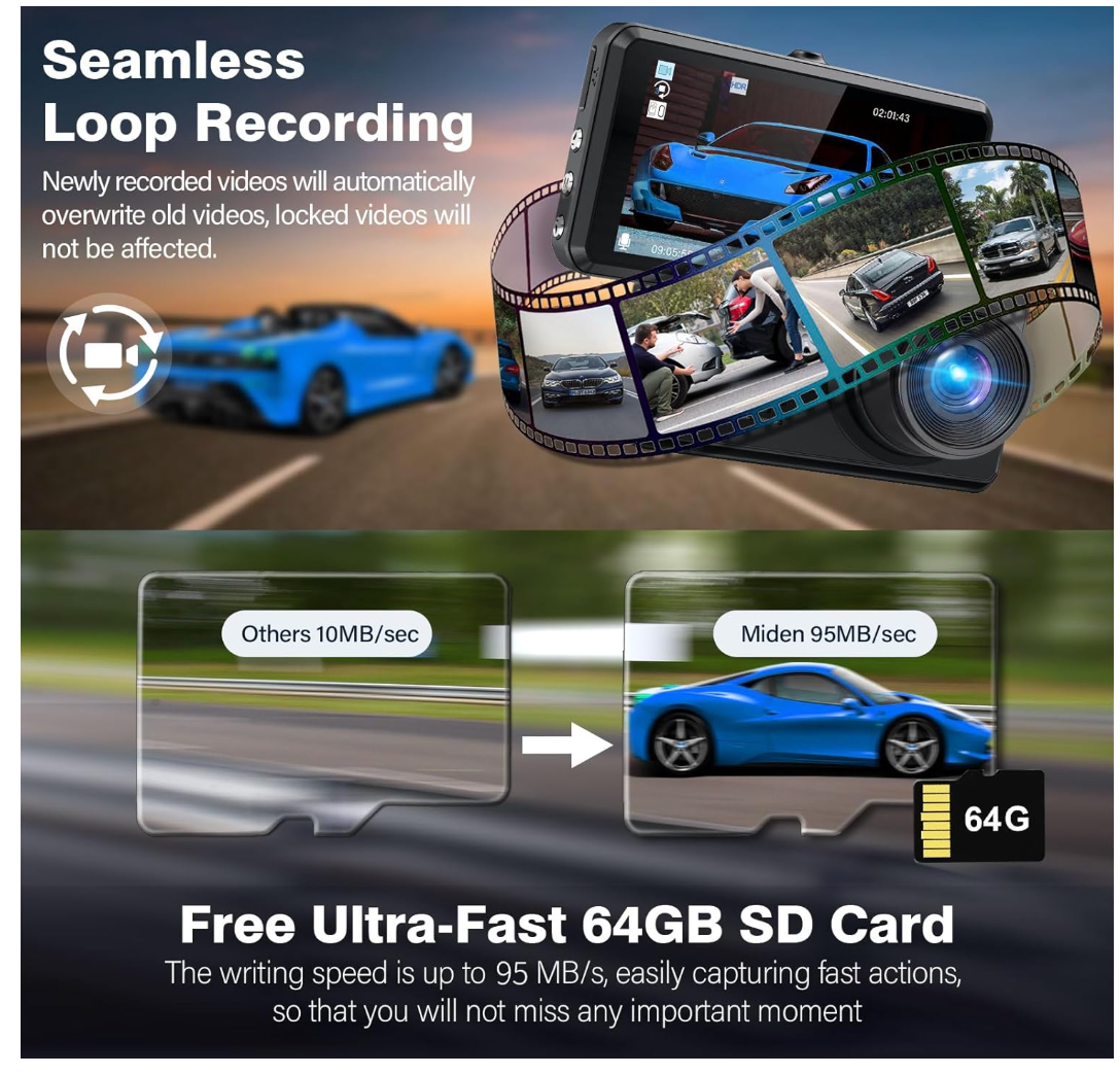 Miden S7 Dashcam 2.5K Auto Kamera Vorne Hinten 64GB SD G-Sensor 336° WDR