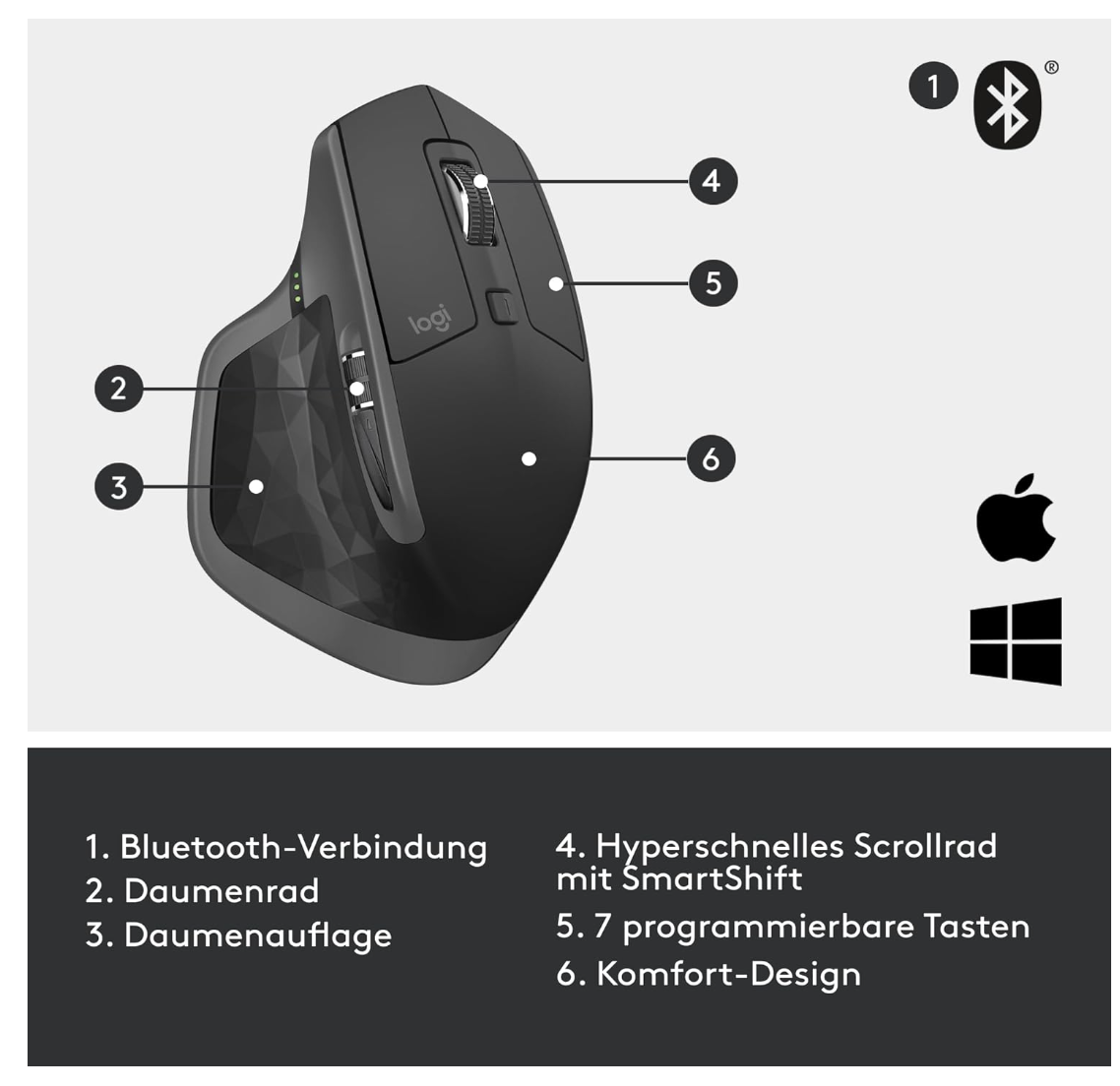 Logitech MX Master 2S Bluetooth Maus Kabellos Ergonomisch PC Mac Graphit