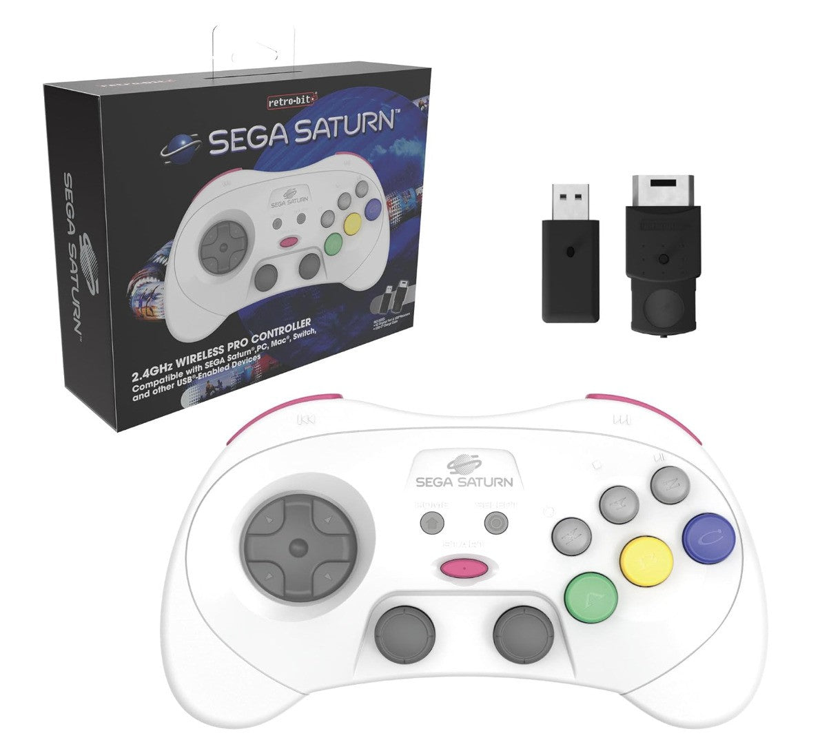 Retro-Bit – SEGA Saturn Pro Controller, kabellos, Switch kompatibel, Weiß