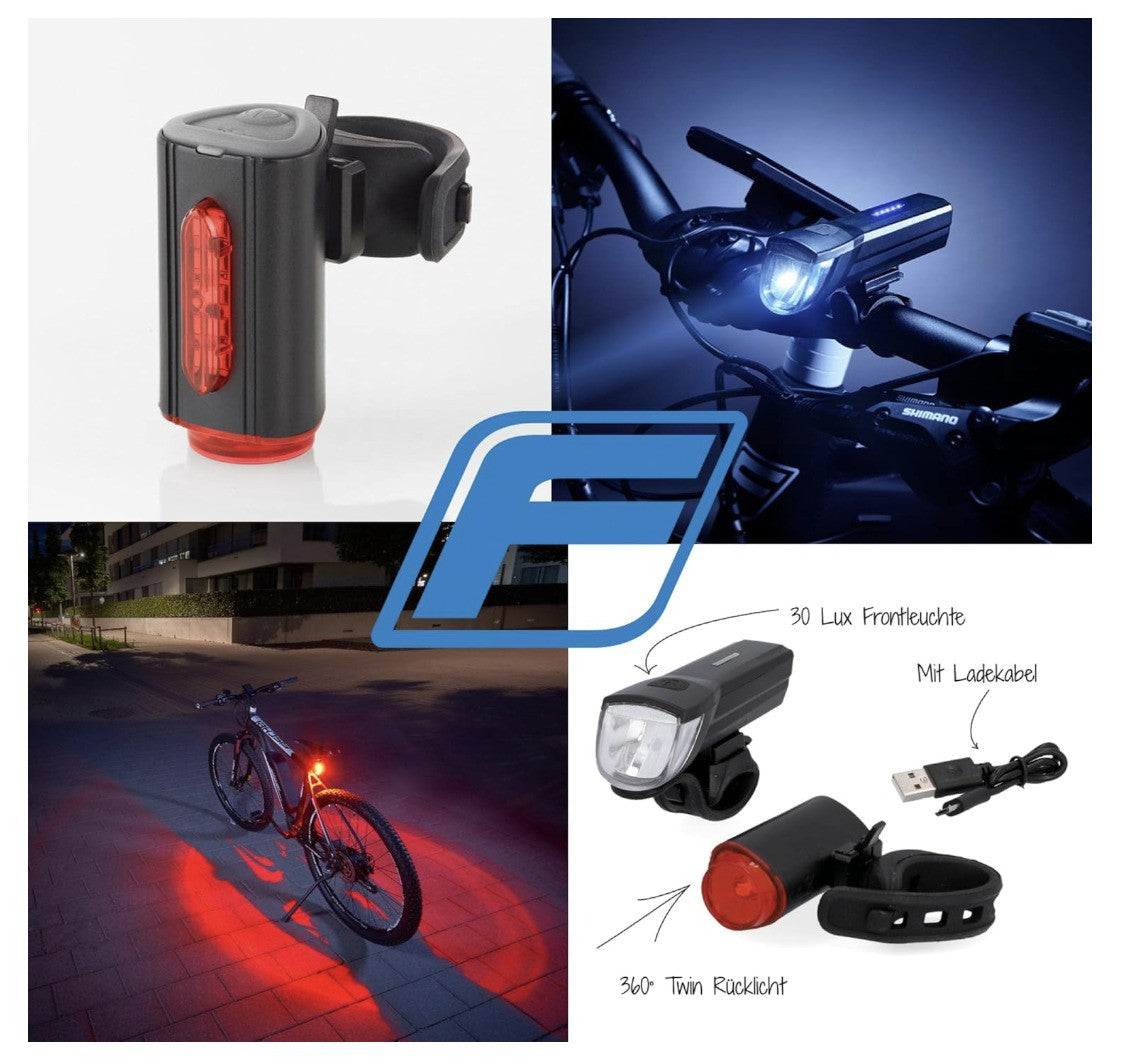 FISCHER – TWIN Fahrradlicht Set, Akku LED 30/15 Lux, USB, StVZO, IP44, 360°
