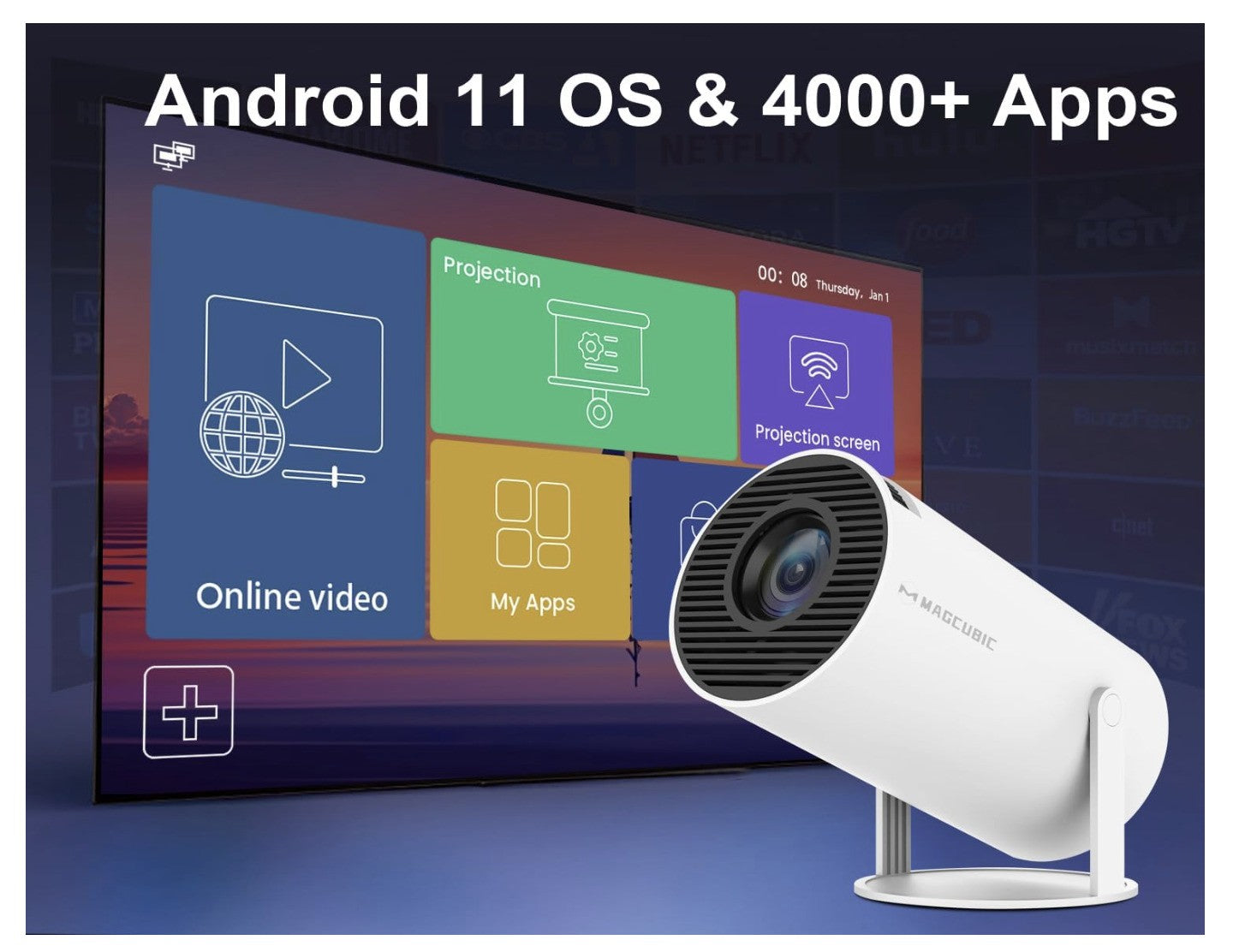Magcubic Mini-Projektor 4K unterstützt Android 11, tragbarer Projektor 5G, WiFi
